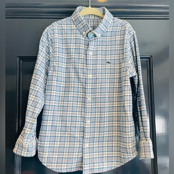 NWT Vineyard Vines Boys Cotton Flannel Buttondown Shirt Blue White Pink Sz 5 - Picture 1 of 6